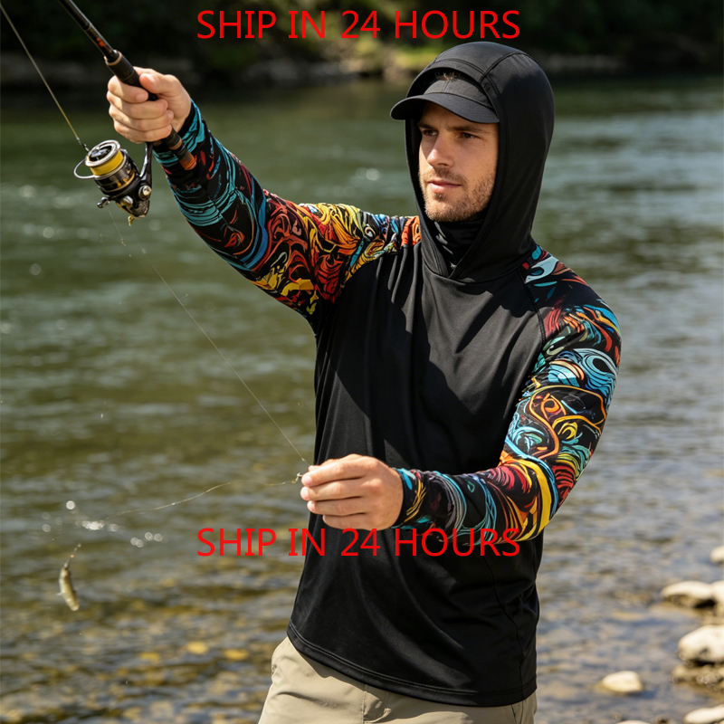 Fishing Hoodie T-shirts Men Lo - Fishing Mask Sun Protection review and price